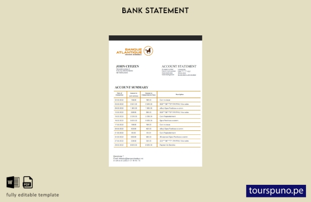 Plantilla de extracto bancario de Benin Banque Atlantique lista para imprimir